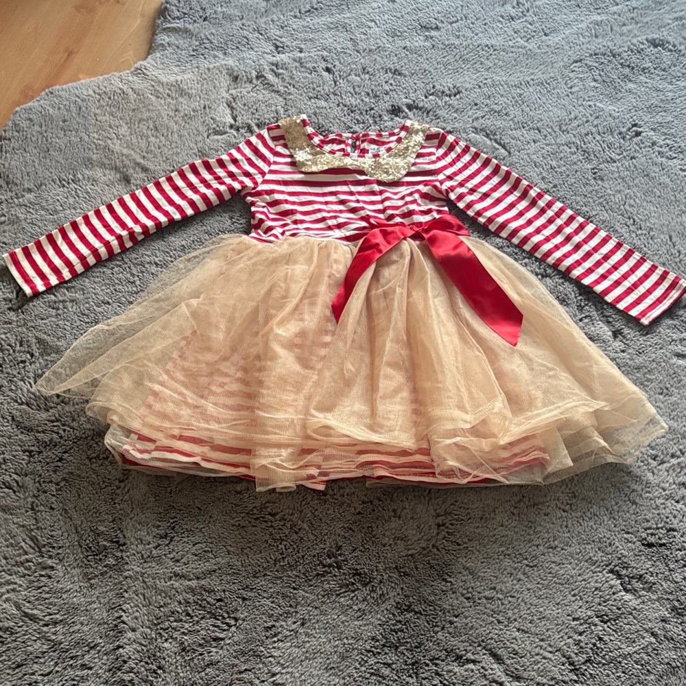 Red & Gold Striped Tulle Party Dress for Girls with Bow